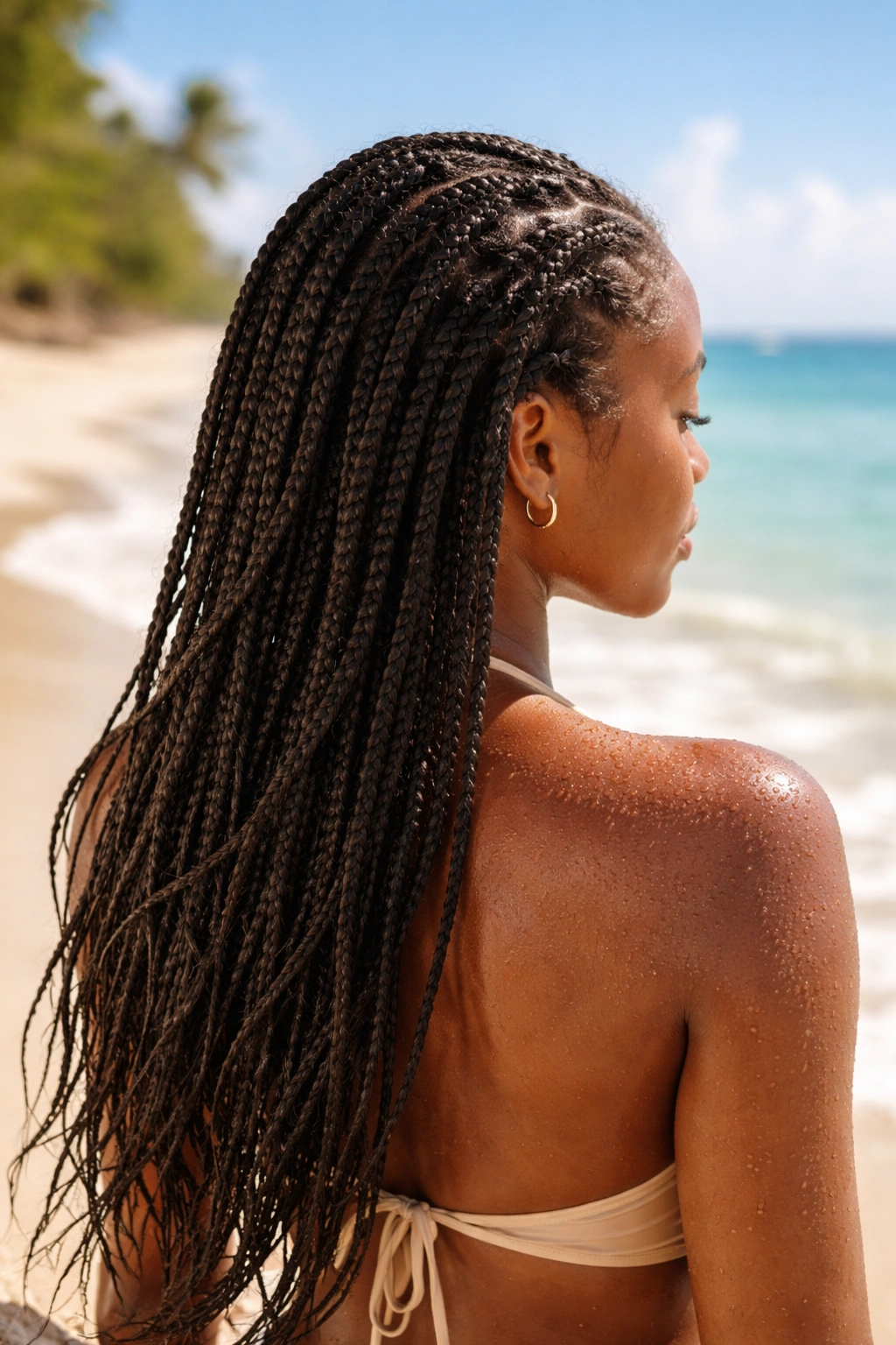 Head with water-friendly braids for beach days