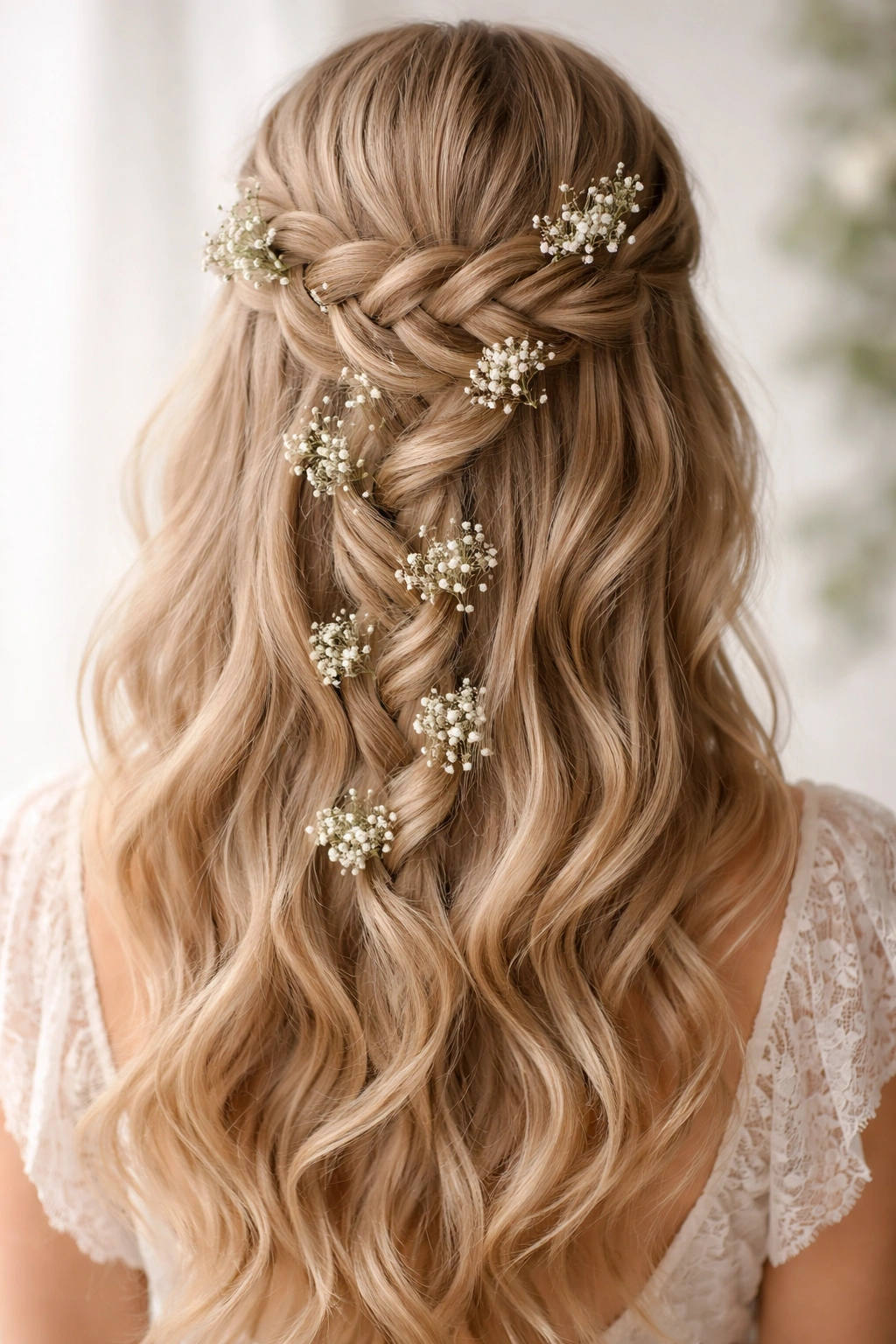 Waterfall braid with cascading baby's breath.