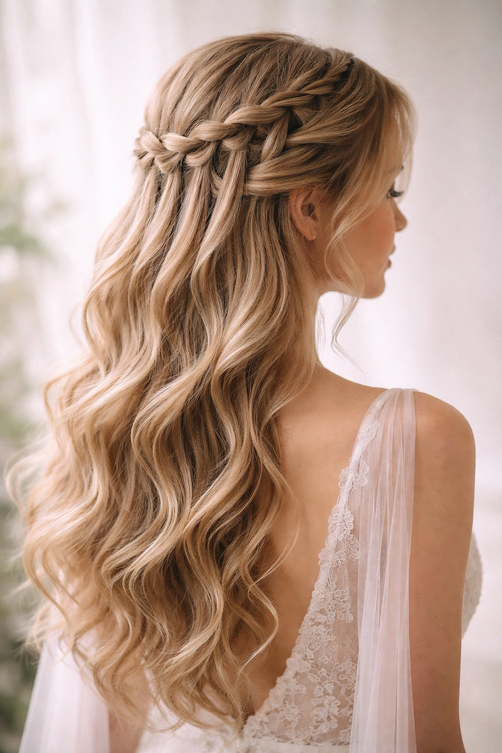 Three-quarter view of waterfall braid half up with cascading strands