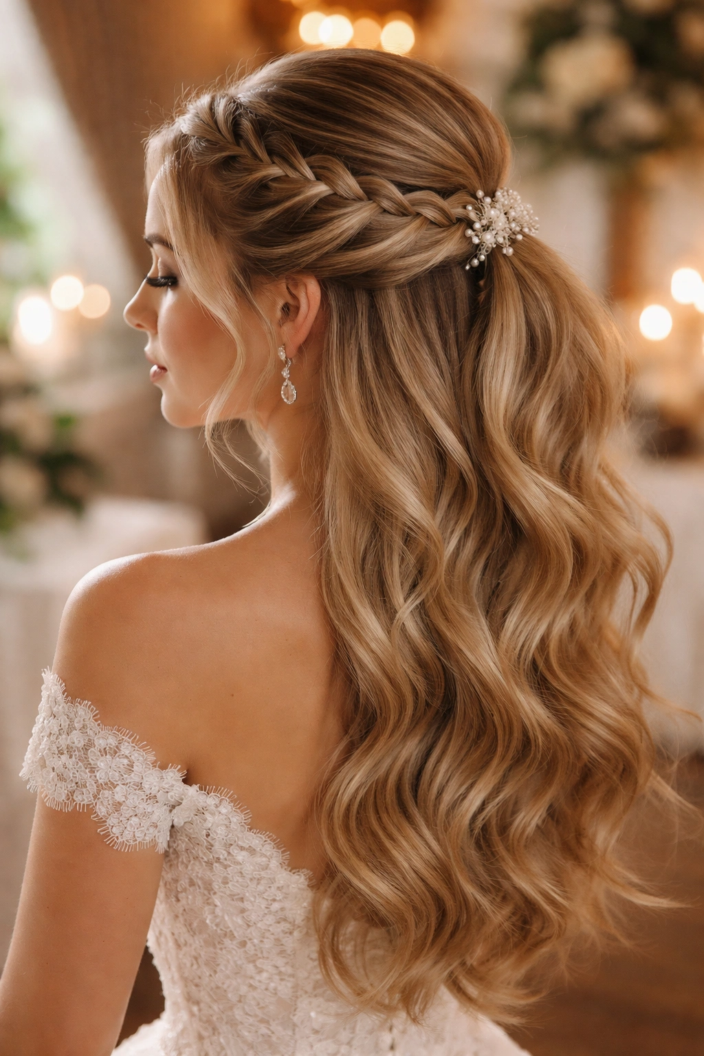 Bride with waterfall braid transitioning into half ponytail