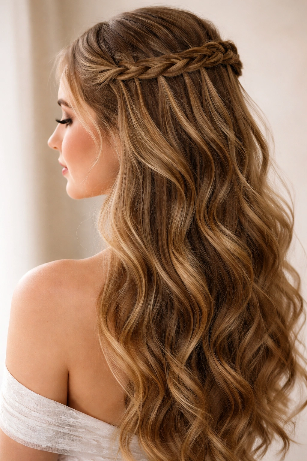 Close-up of a waterfall braid half-up hairstyle with diagonal French braid and cascading strands