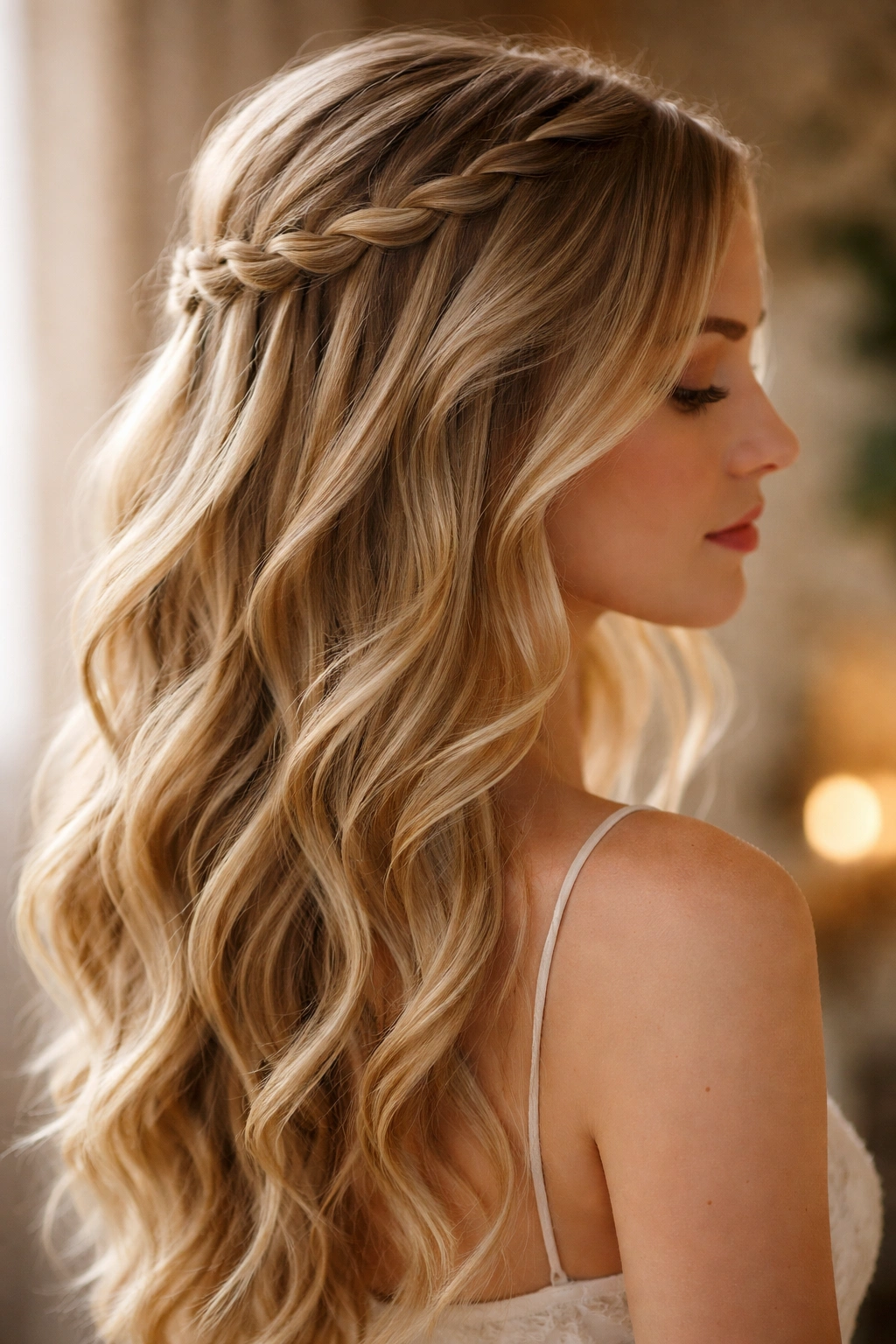 Side view of a waterfall braid half up with cascading loose strands