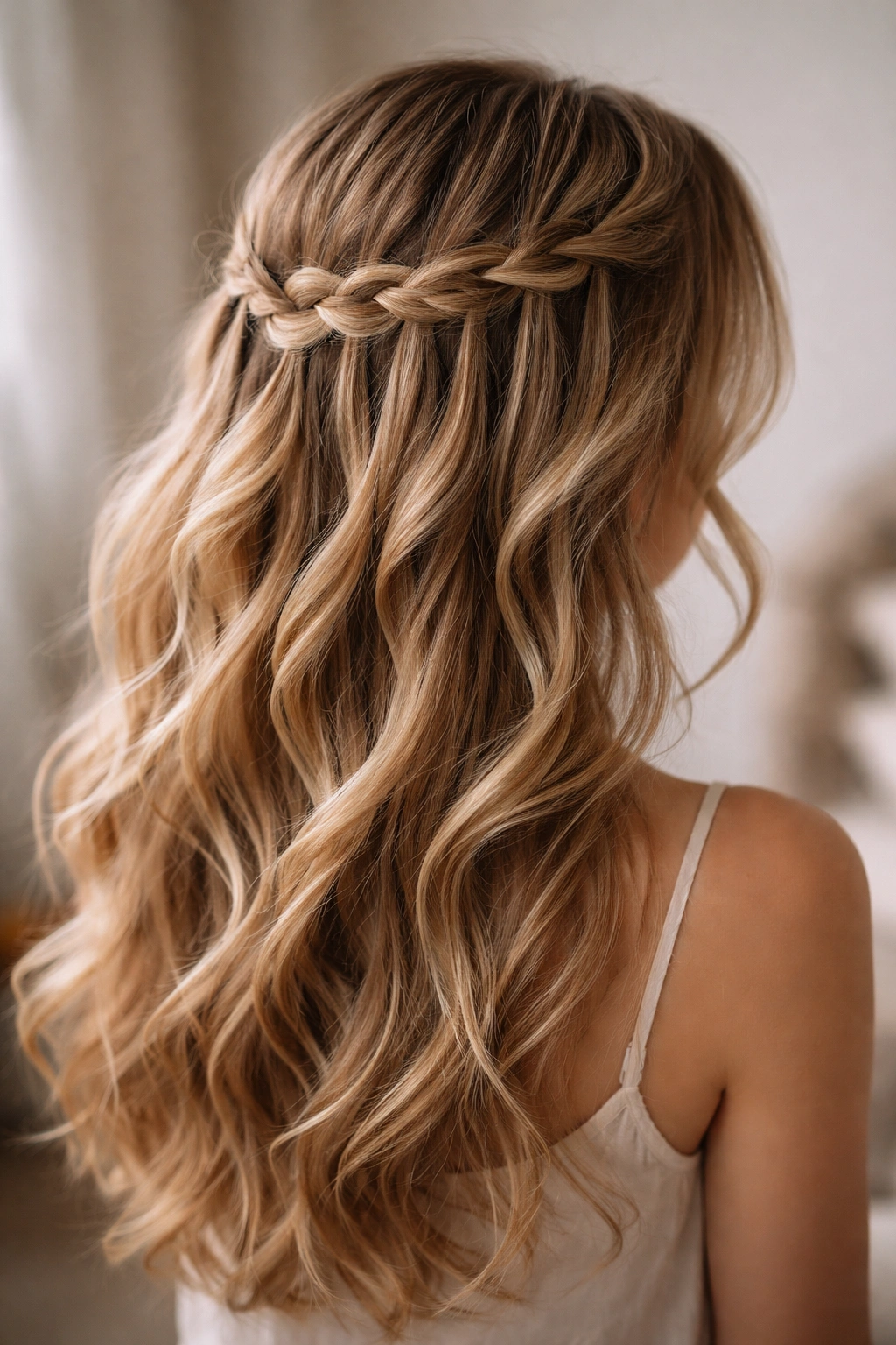 Waterfall braid half-up hairstyle with cascading strands