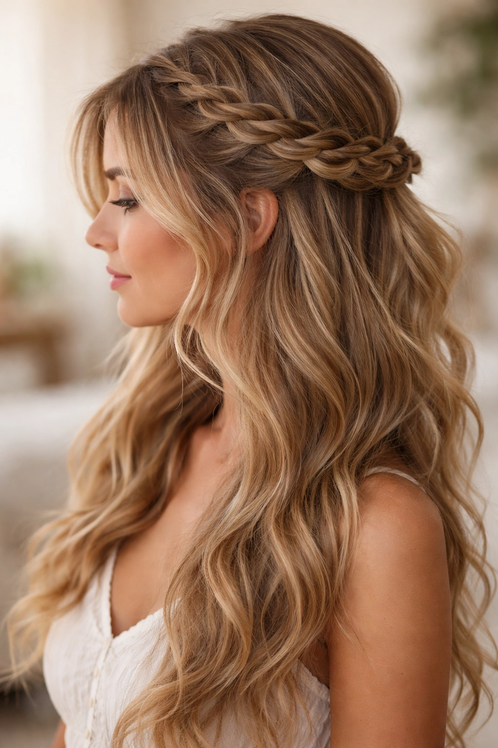 Side view of side-swept waterfall braid half-up with cascading strands