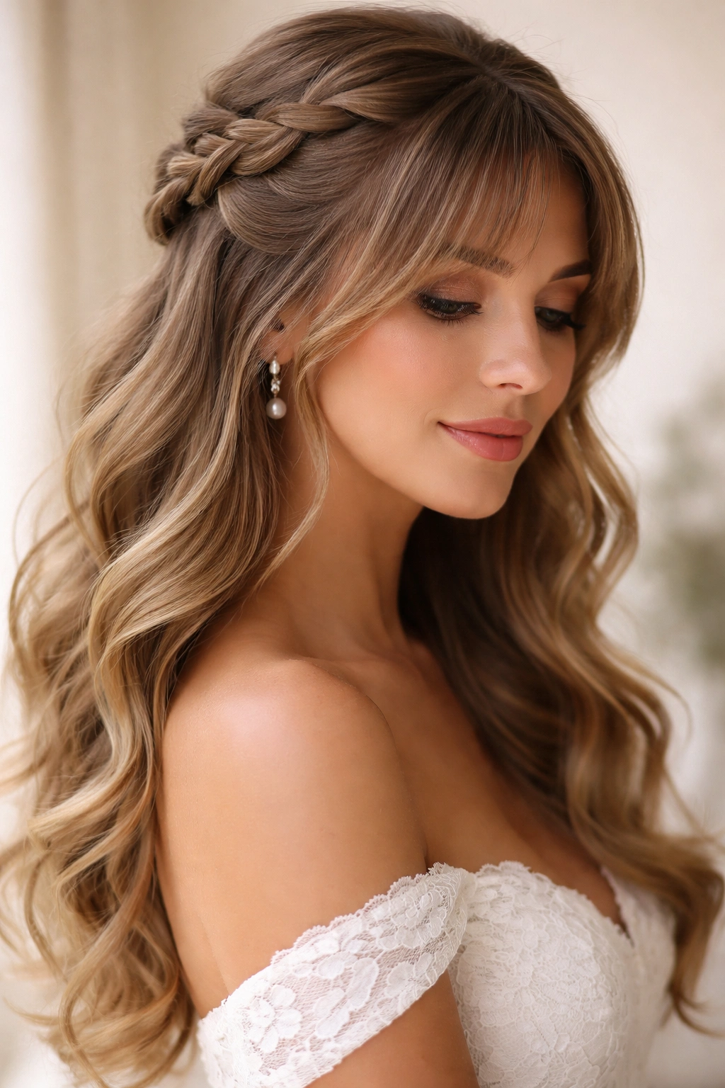 Waterfall braid half-up hairstyle with layered bangs
