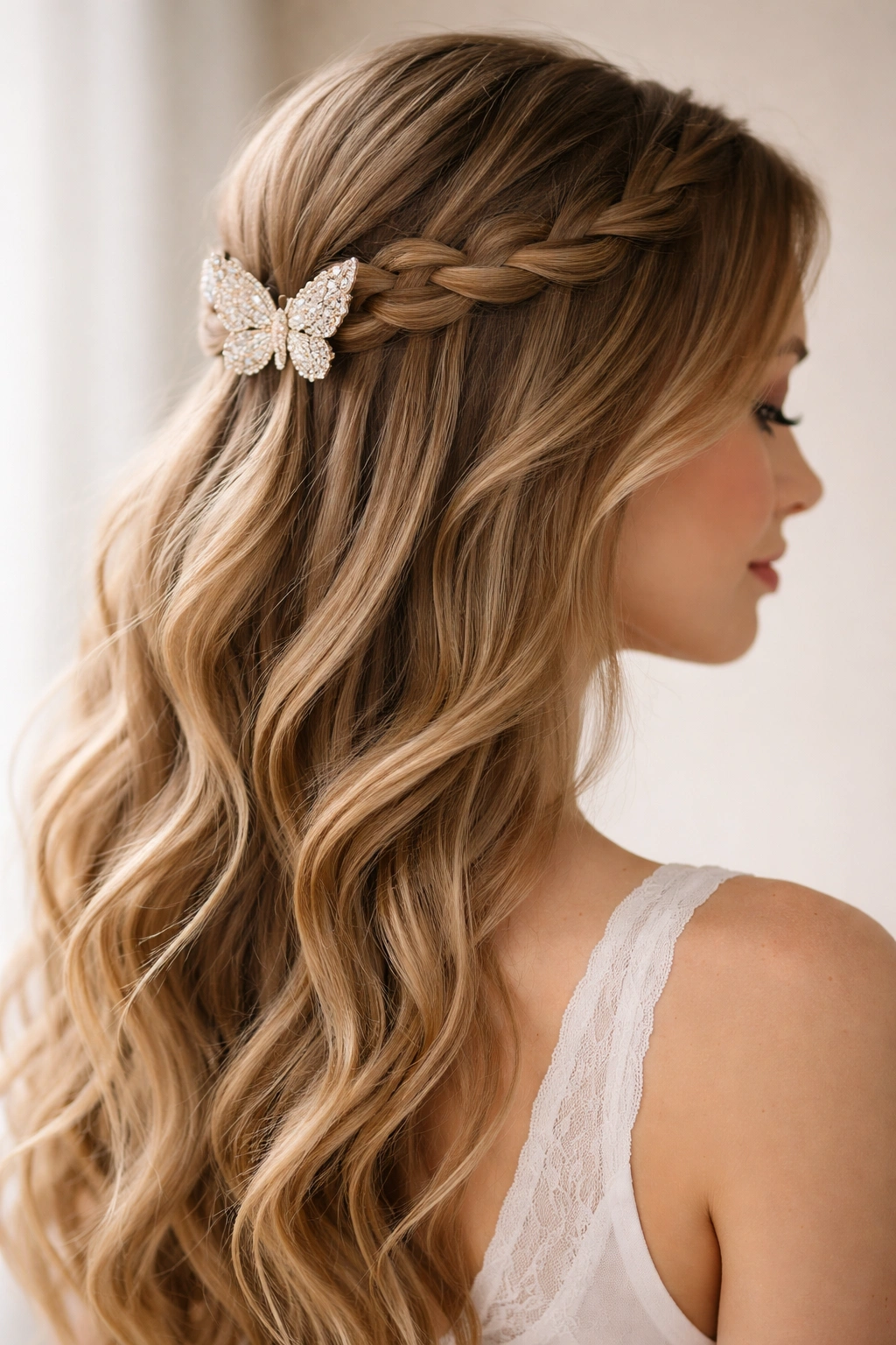 Waterfall braid half-up with butterfly clip