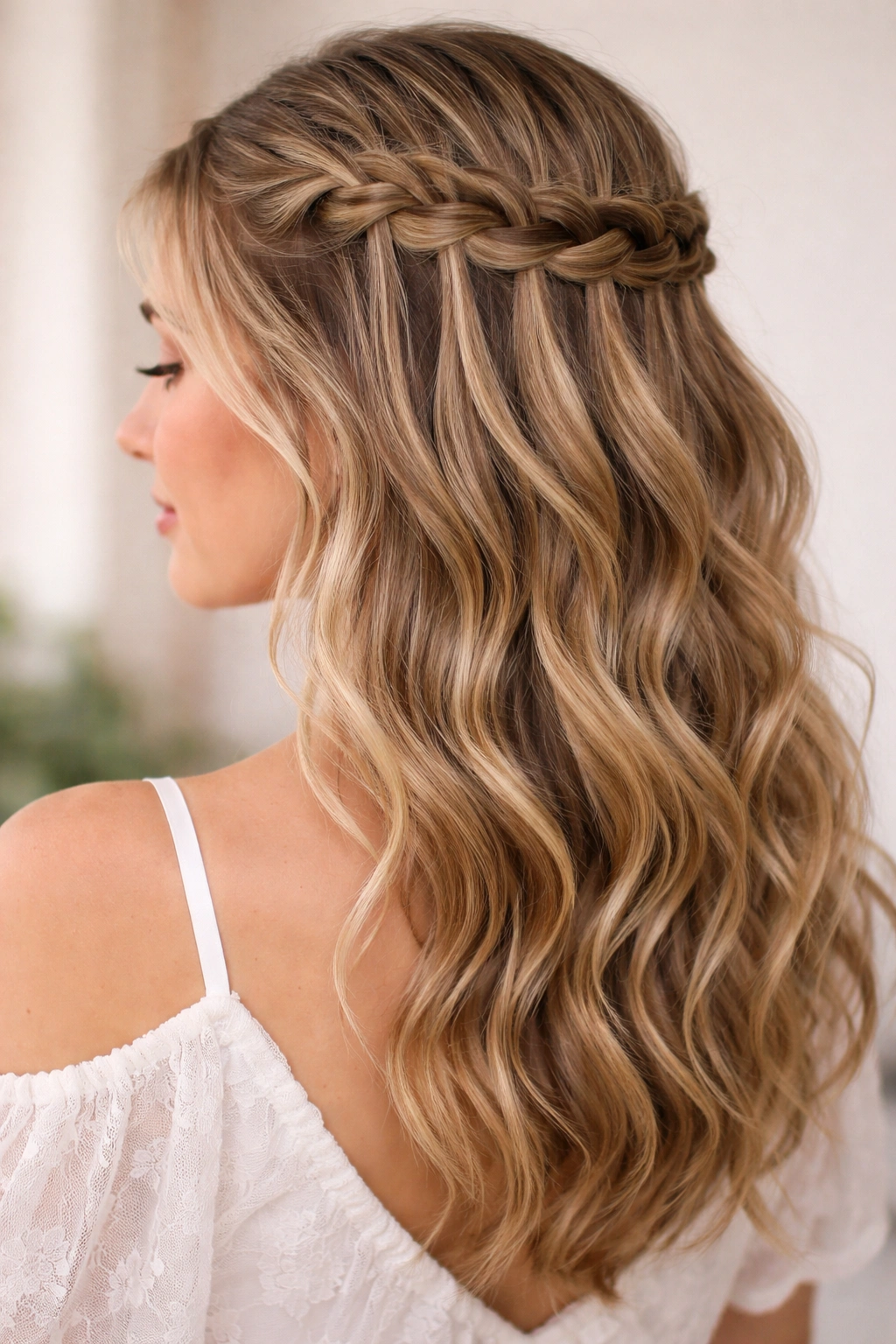 Waterfall braid half up with cascading strands and loose waves