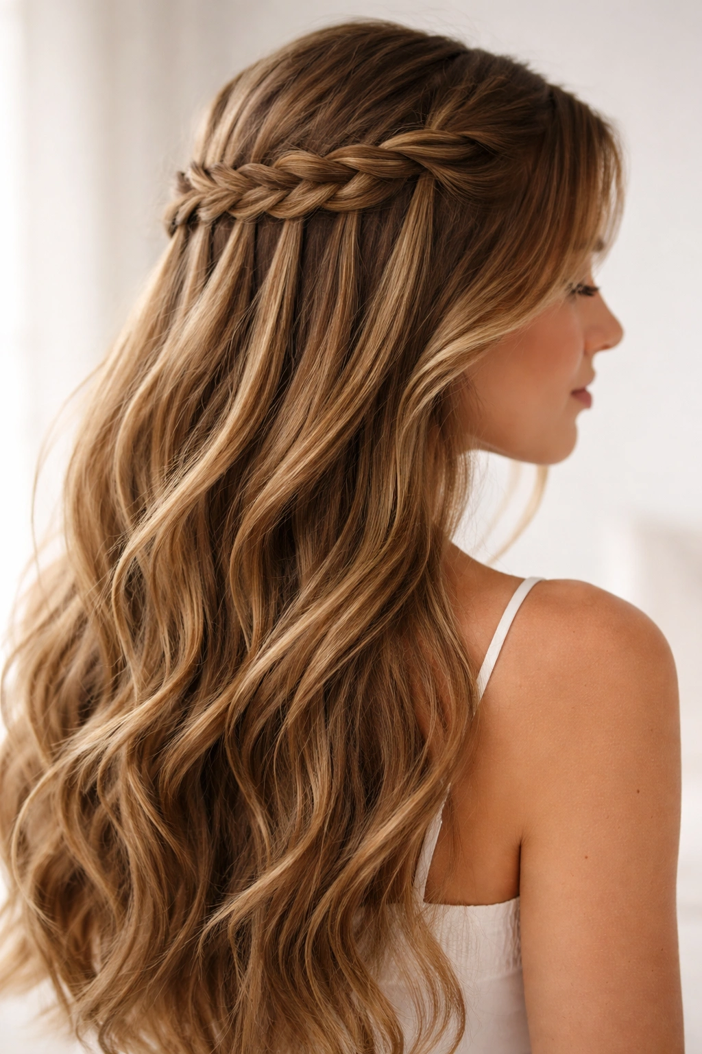 Close-up of waterfall braid half up on long hair with cascading strands