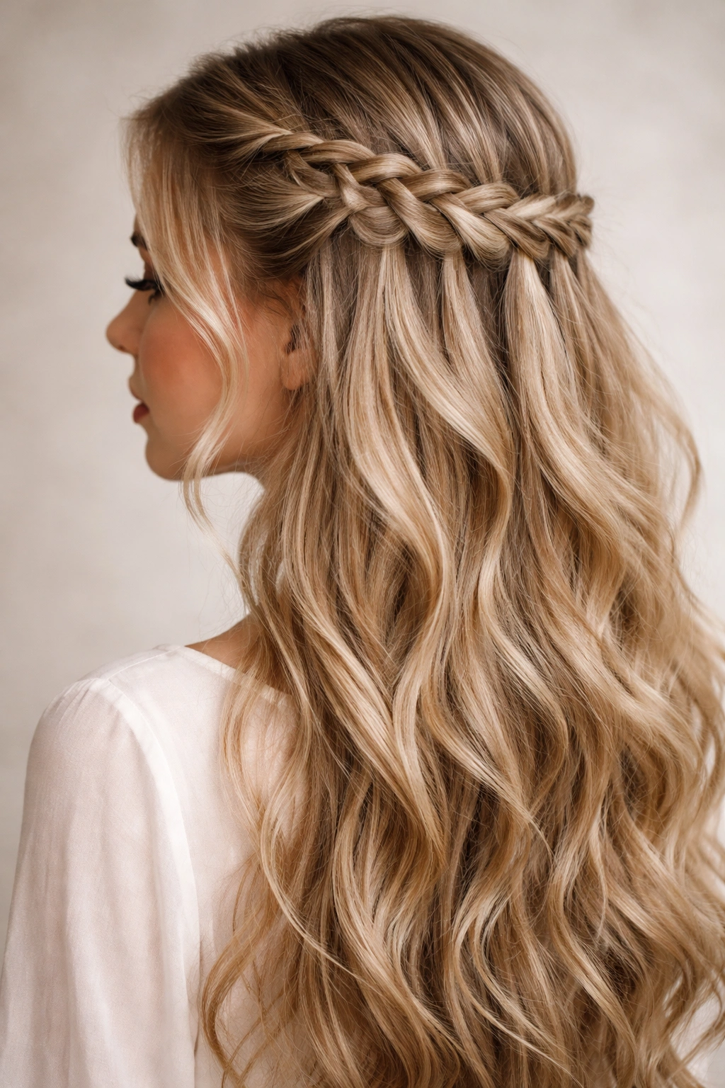 Waterfall braid running along one side with cascading strands in long hair