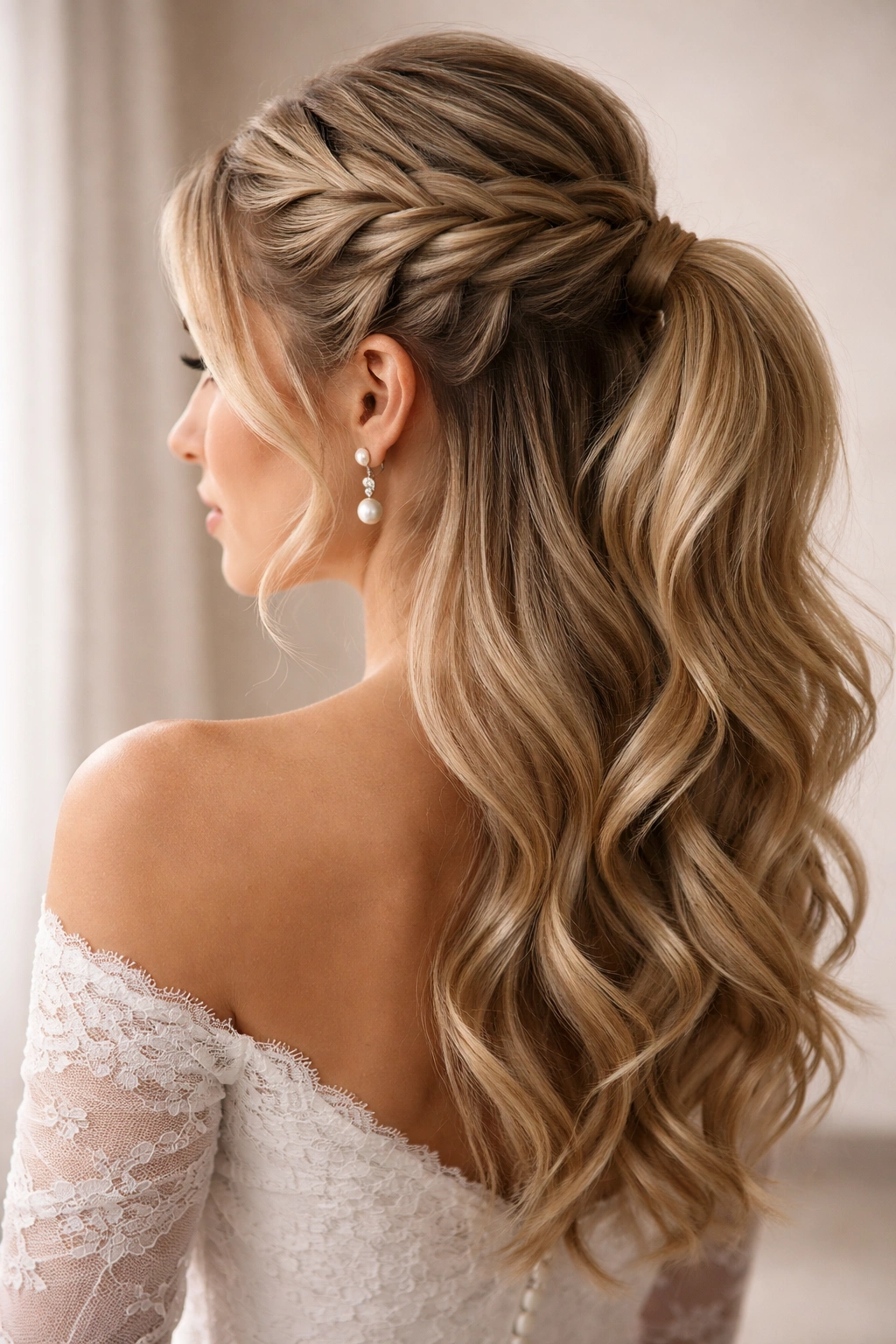 Waterfall braid leading into a half-up ponytail with cascading strands