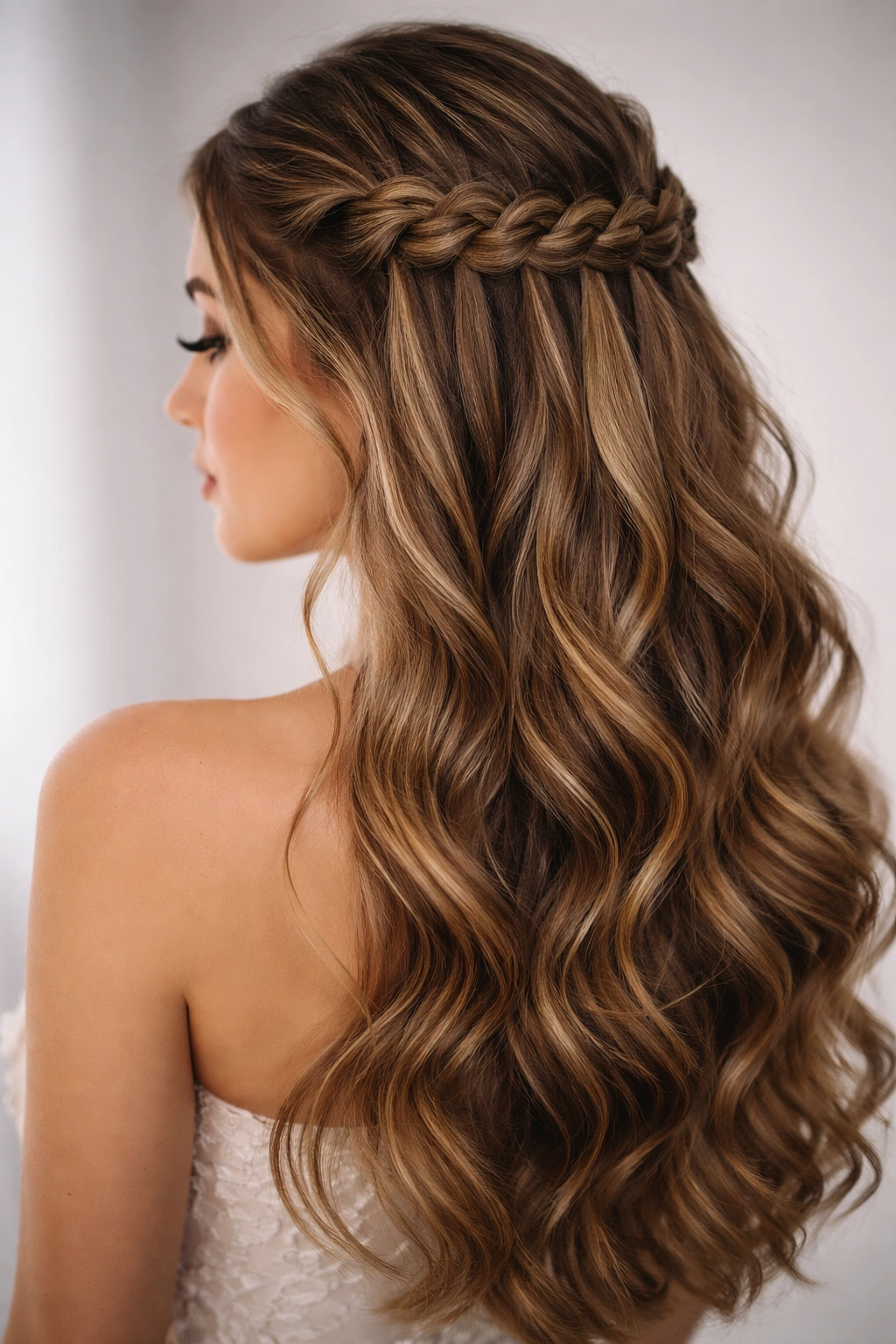 Close-up of waterfall braid half-up with cascading strands framing the face