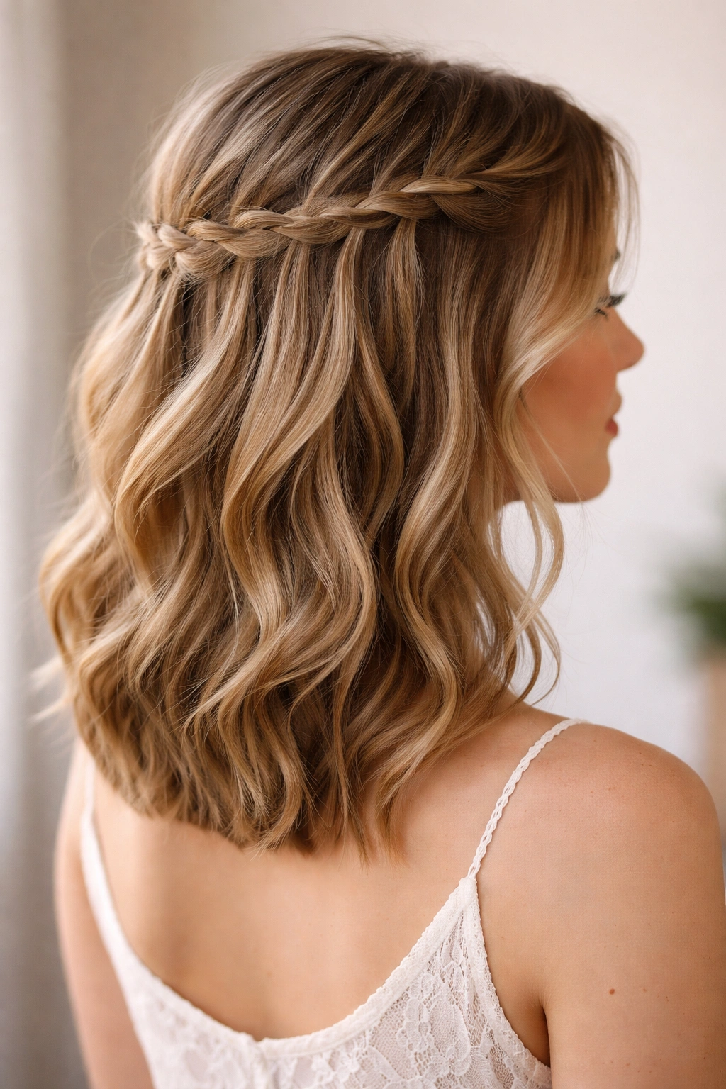 Side view of waterfall braid half-up with cascading released strands along the head.