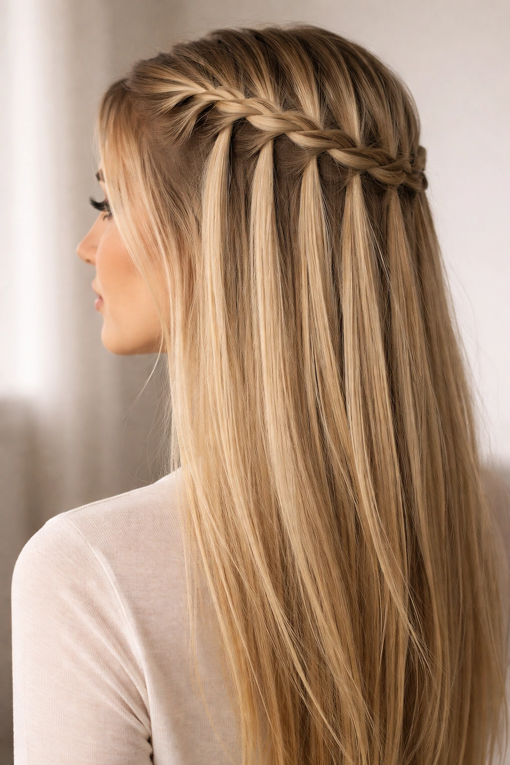 Side view of waterfall braid cascading along crown with straight hair