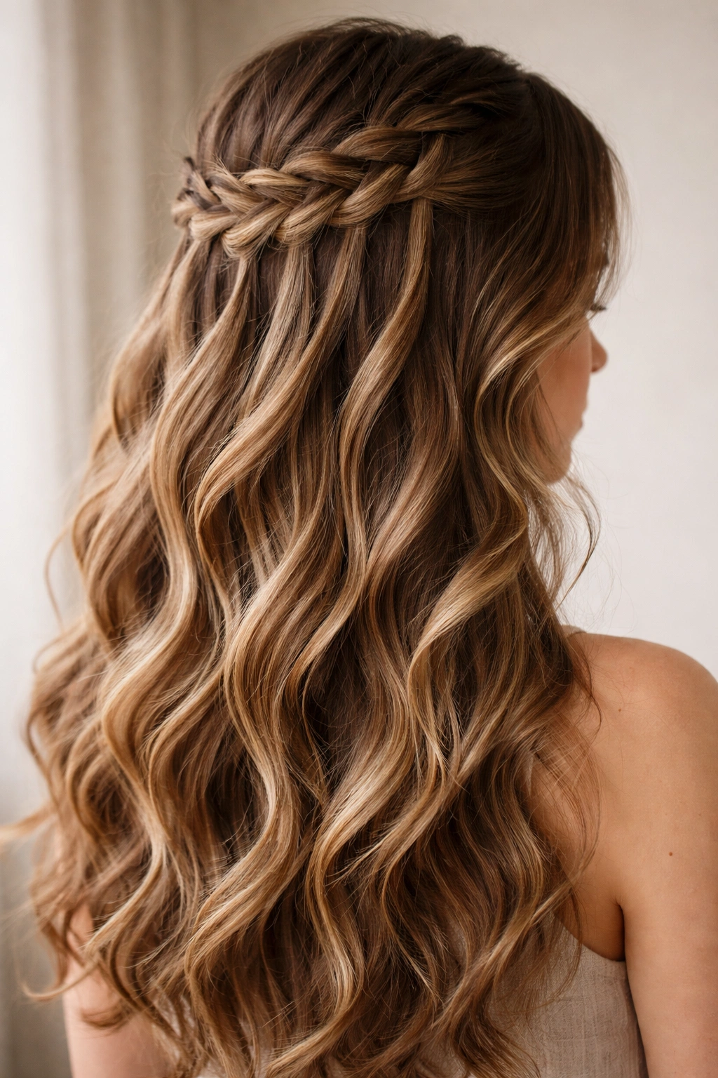 Waterfall braid half up with cascading strands in thick hair.