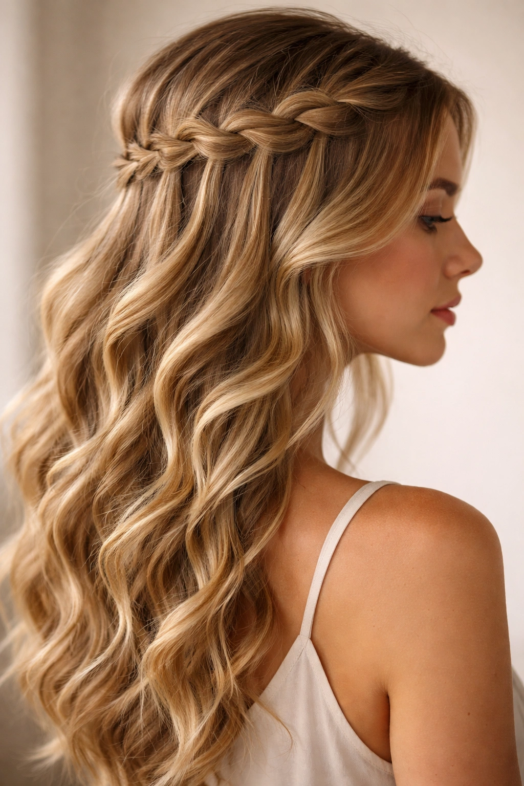 Side profile of a waterfall braid half-up on wavy hair