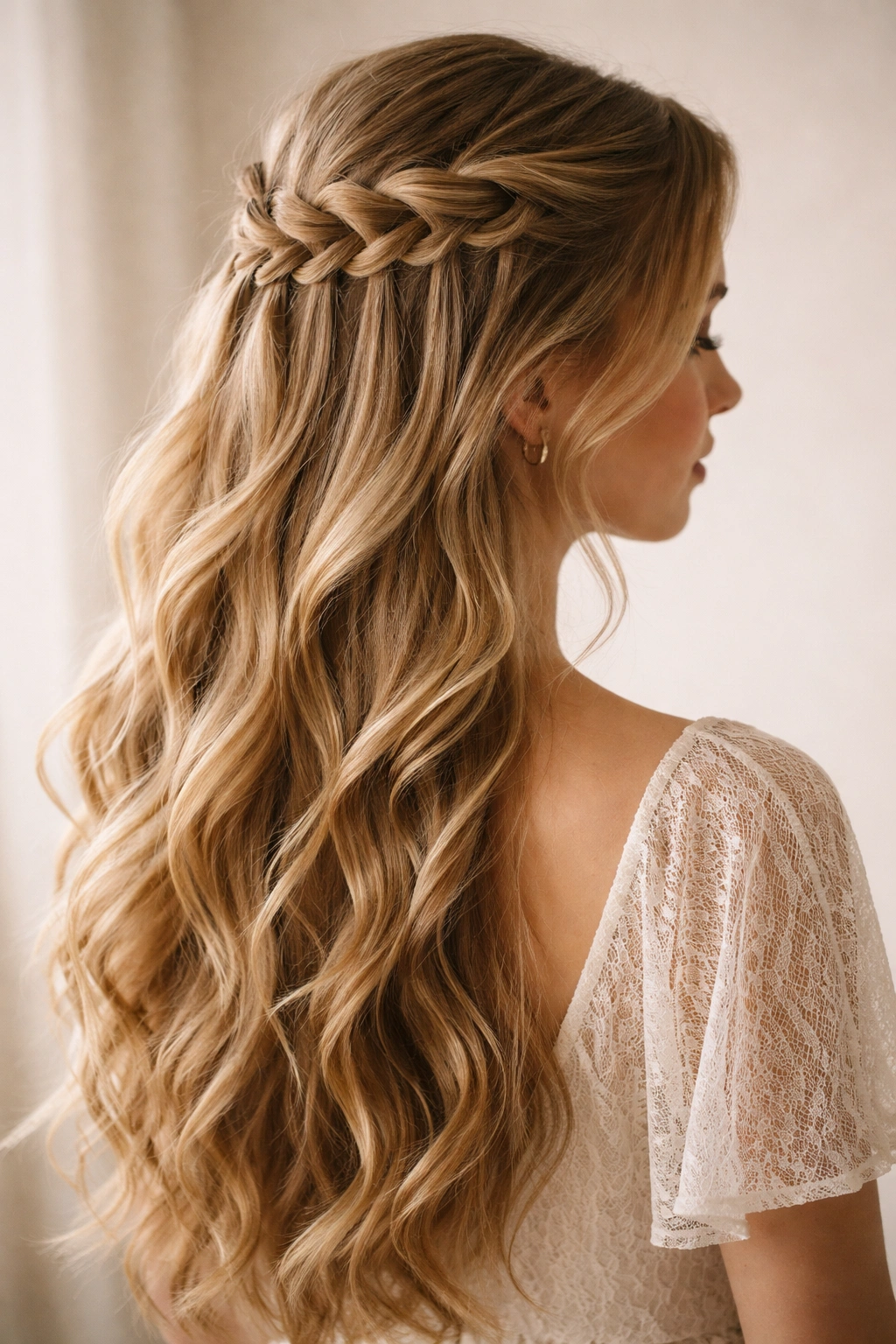 Waterfall braid along the crown forming a half-up half-down hairstyle