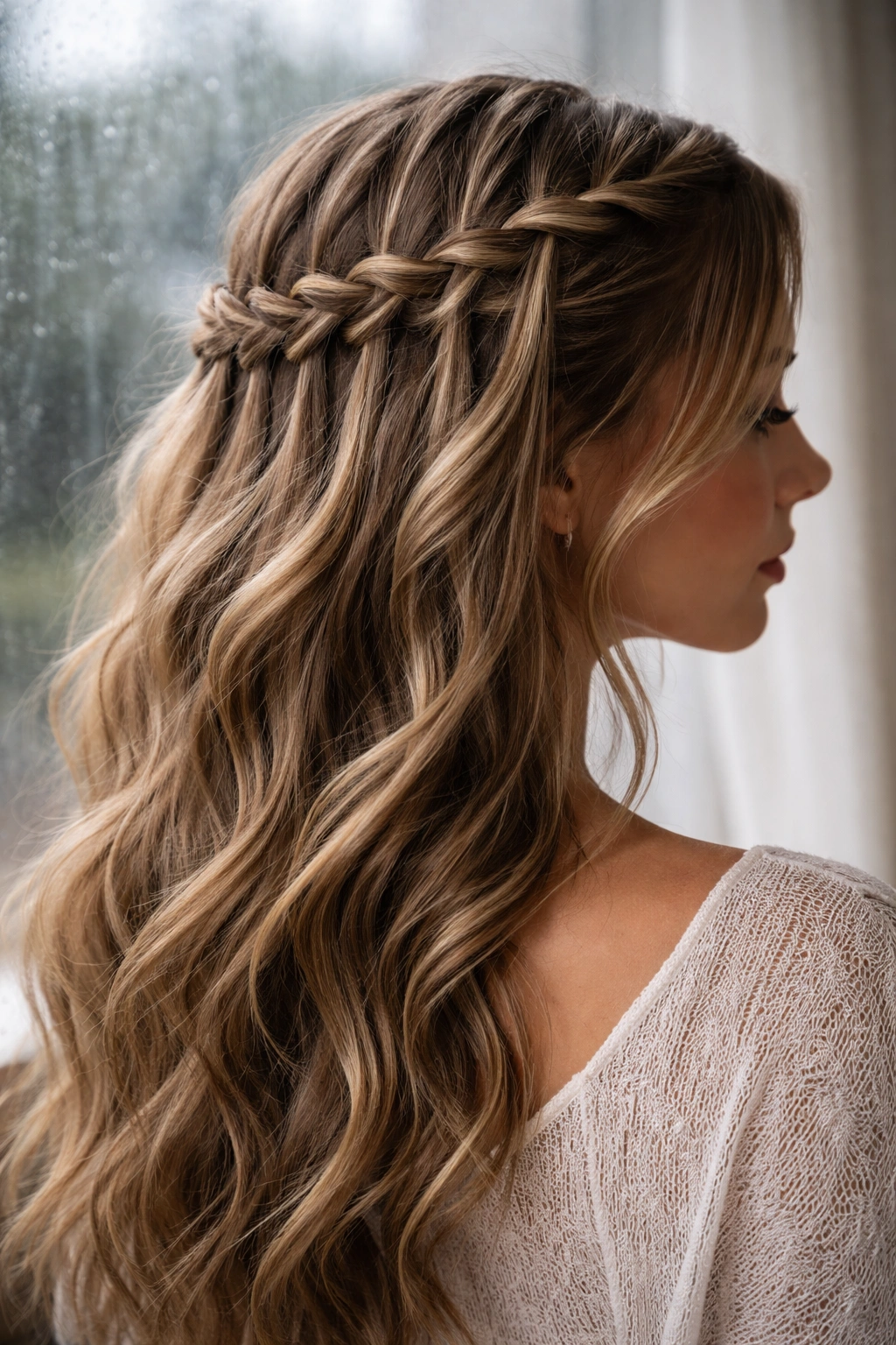 Close-up waterfall French braid with cascading droplets on damp hair