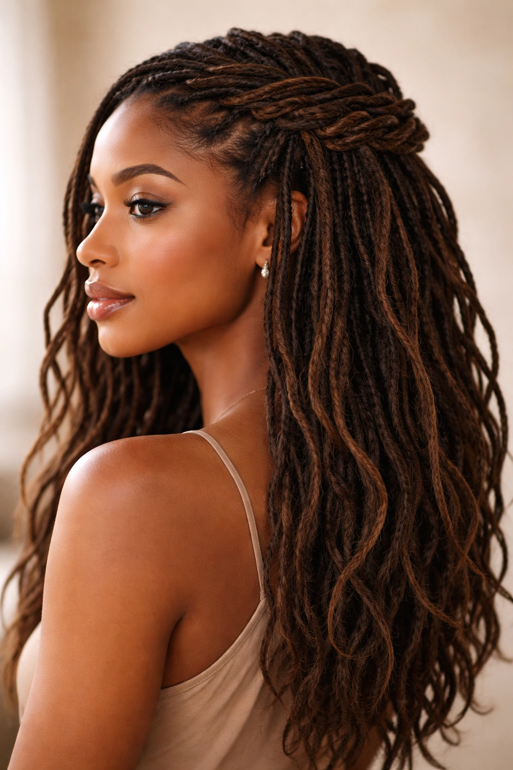 Waterfall braid with locs cascading and loose sections framing the face in studio portrait