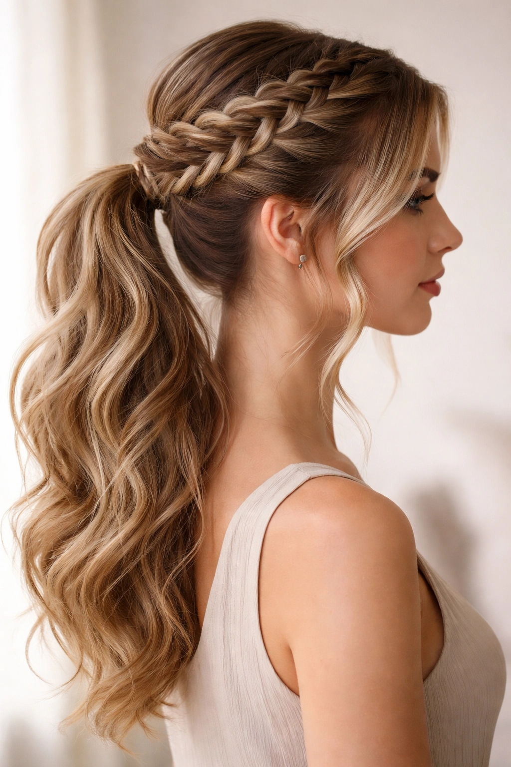 Close-up of Waterfall Double Braid Ponytail with cascading strands