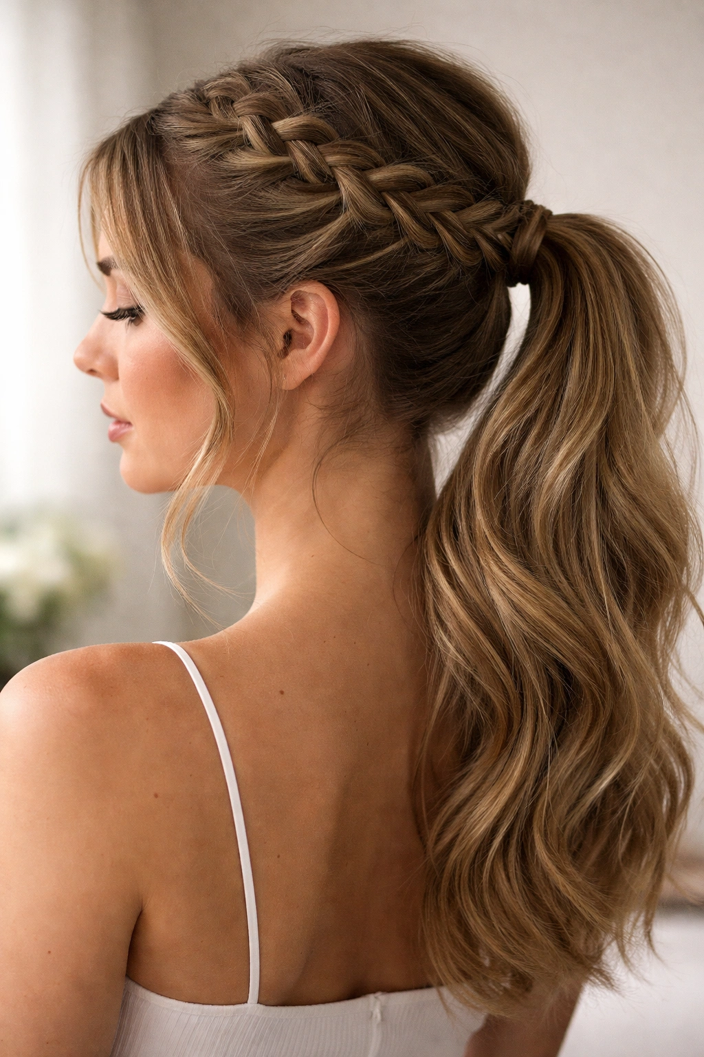 Waterfall Braid into Ponytail with cascading strands