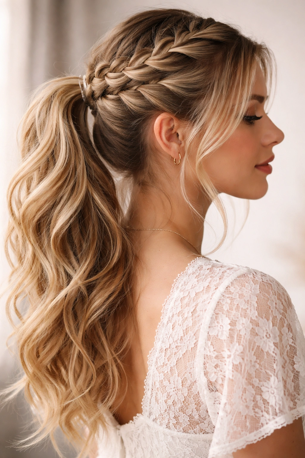 Waterfall braid cascading strands into a ponytail