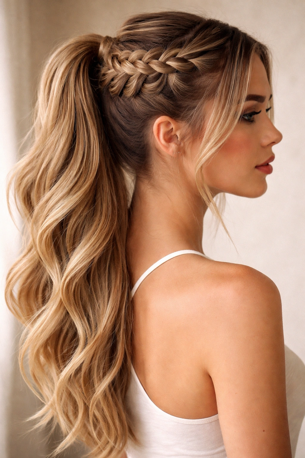 Long hair waterfall braid with cascading strands into a ponytail