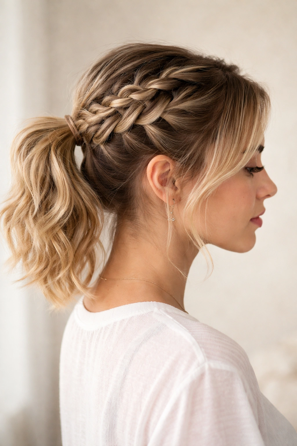Textured waterfall braid with cascading drops flowing into a ponytail on short hair