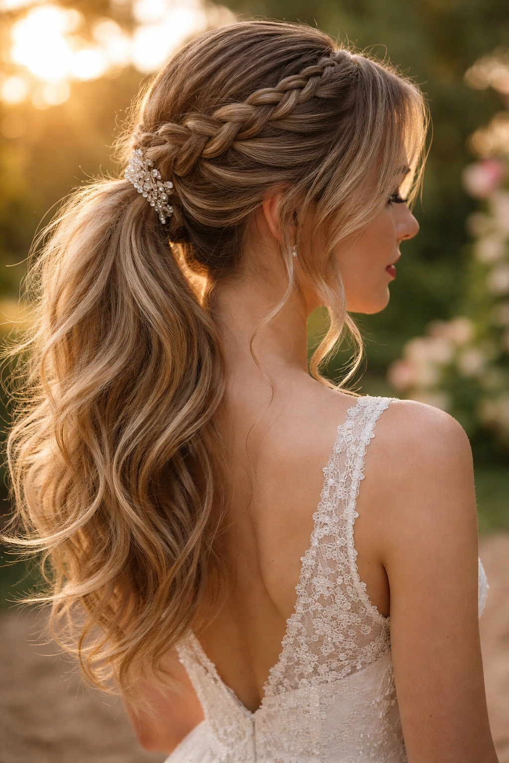 Close-up of waterfall braid flowing into a loose ponytail with warm golden-hour backlight