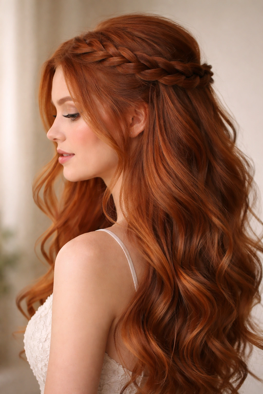 Red hair with waterfall braid half up and flowing waves