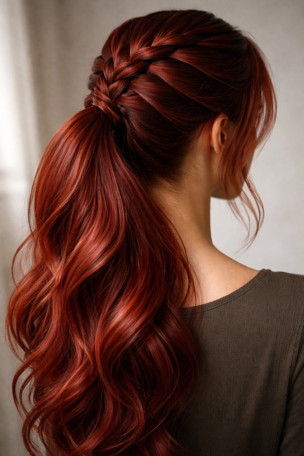 Waterfall braid with cascading red strands into a ponytail