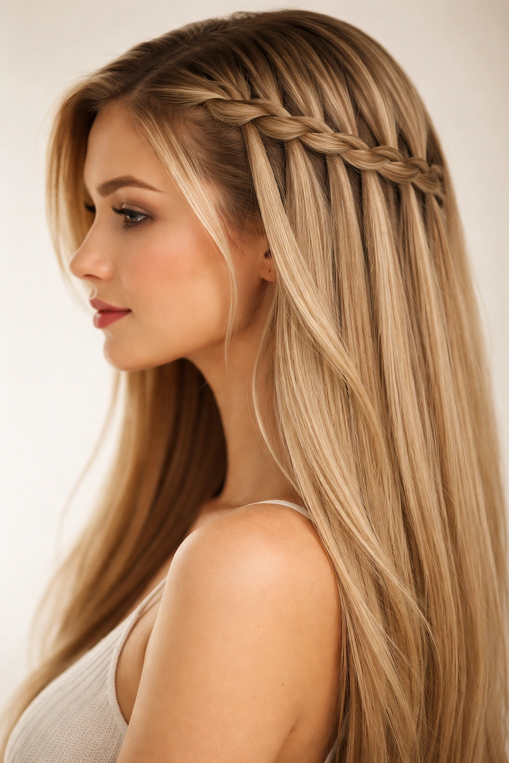 Waterfall braid cascading along the side of straight hair