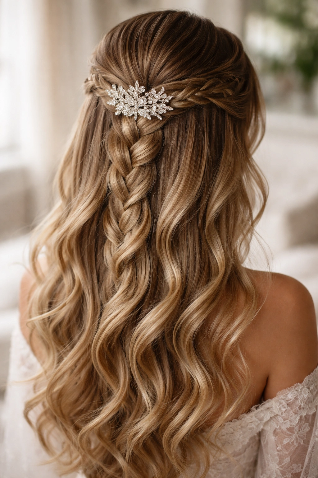 Waterfall braid half up with tiara on model