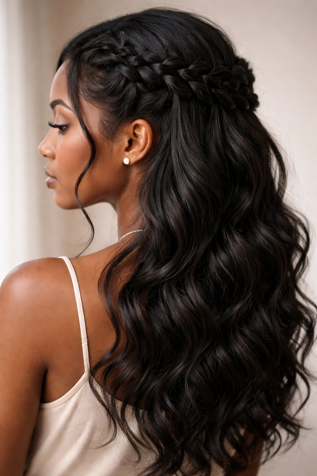 Waterfall French braid with cascading strands in half-up style.
