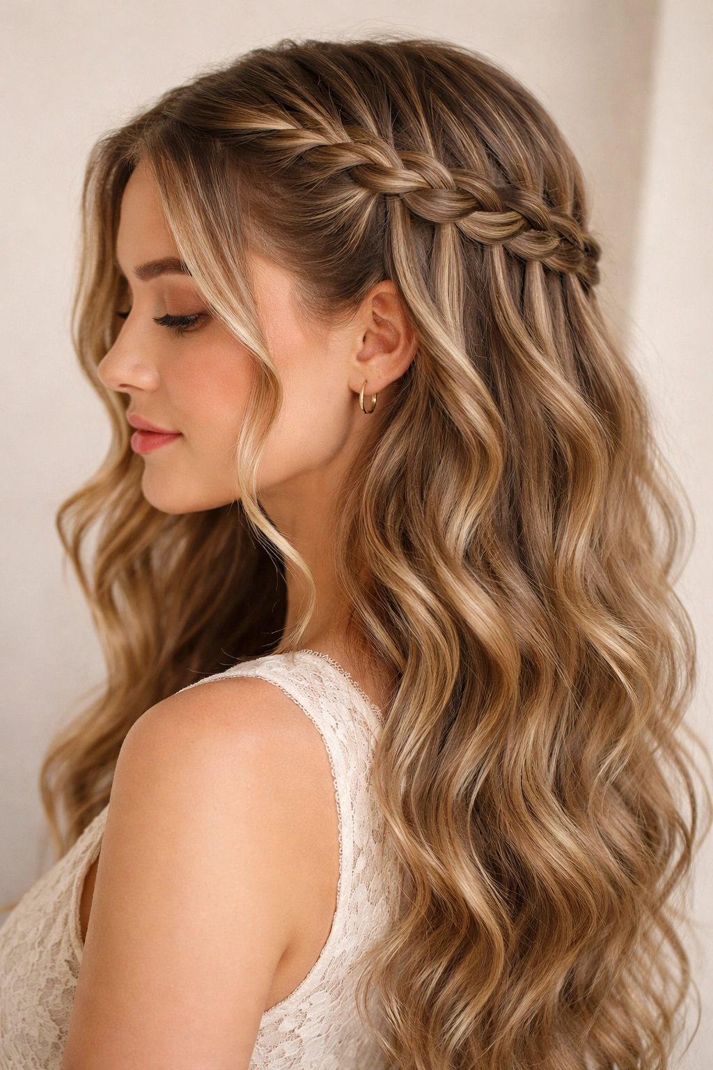 Waterfall braid along temple with cascading waves on a wavy hairstyle