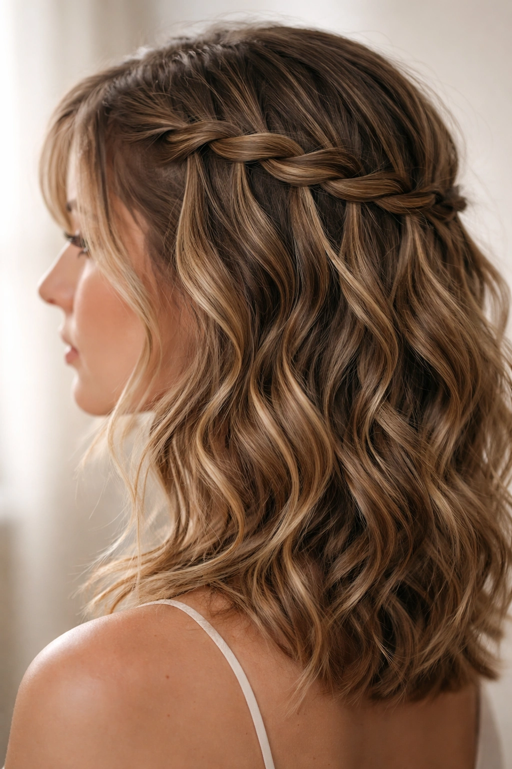 Side view of a waterfall braid on wavy hair