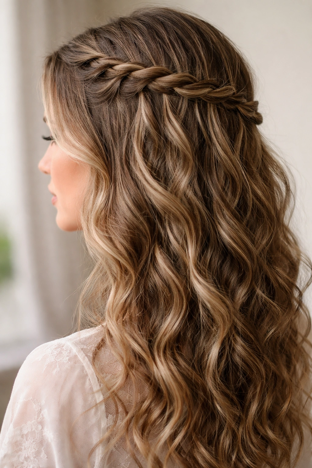 Side view of a waterfall braid on wavy hair with cascading strand
