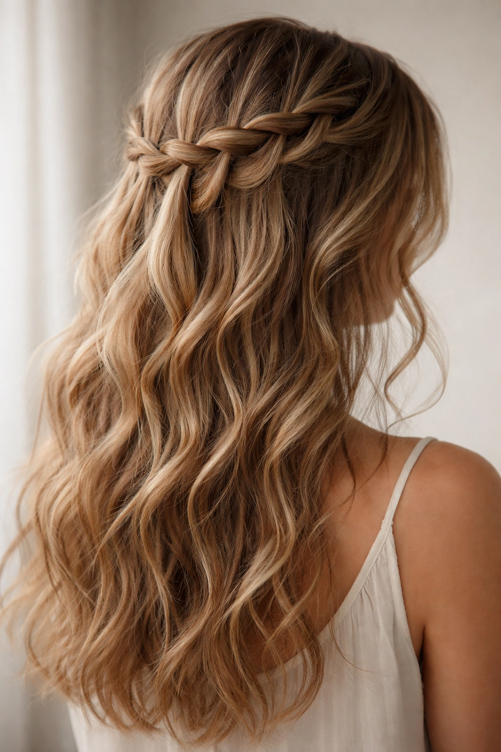 Close-up of a wavy hairstyle featuring an undone Dutch waterfall braid with dropping sections