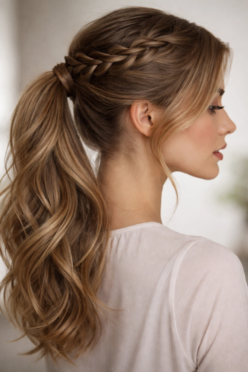 Waterfall Braided Mid Ponytail with cascading strands into a mid ponytail