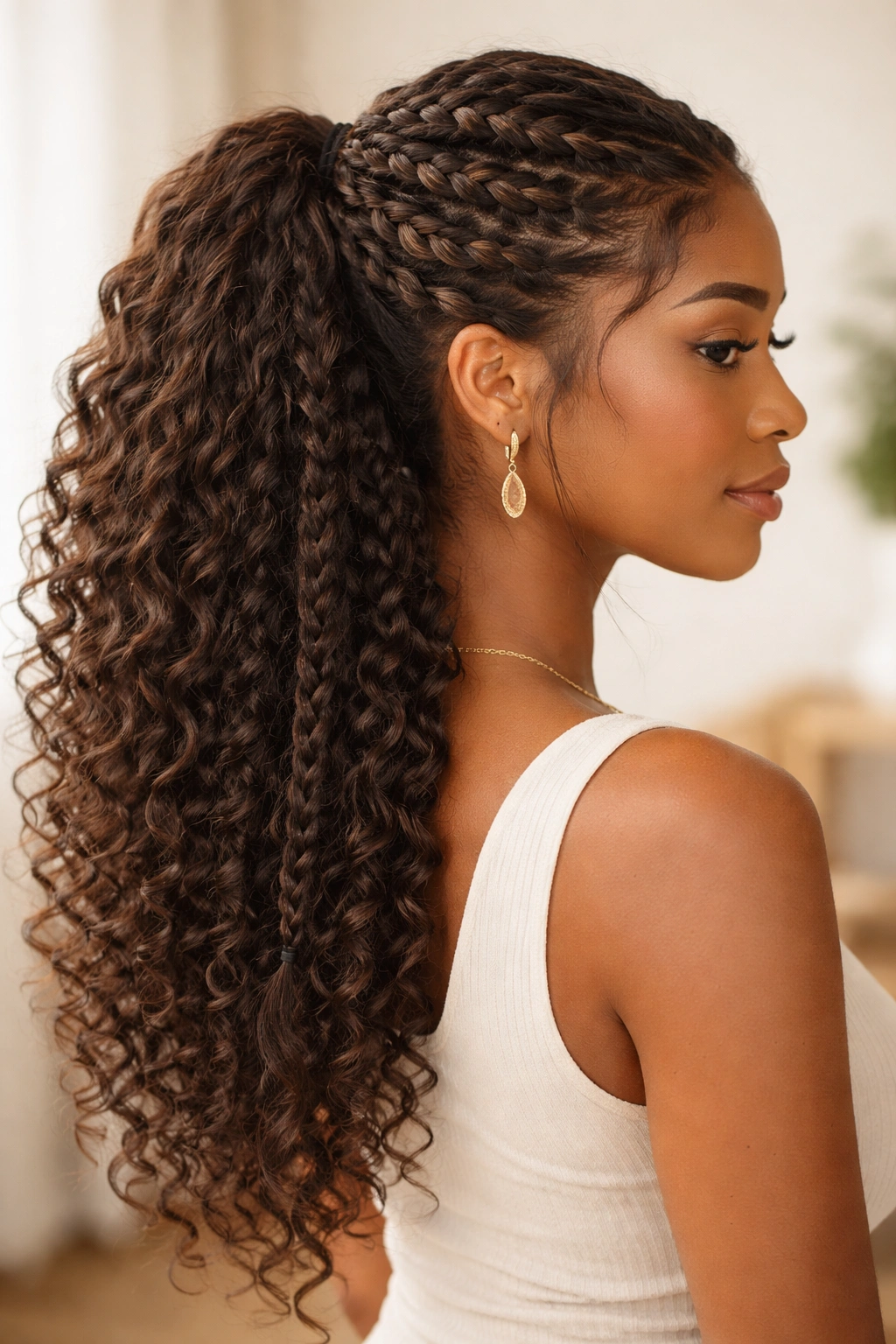 Side profile of waterfall braids transitioning into a braided ponytail with crochet hair in a half-up style.