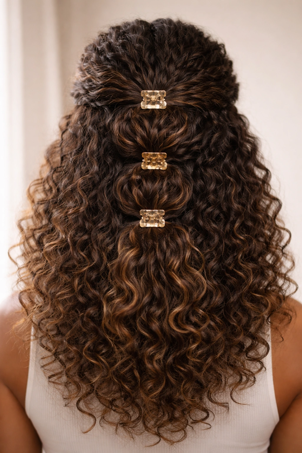 Back view of natural hair with multiple small claw clips in a vertical waterfall cascade