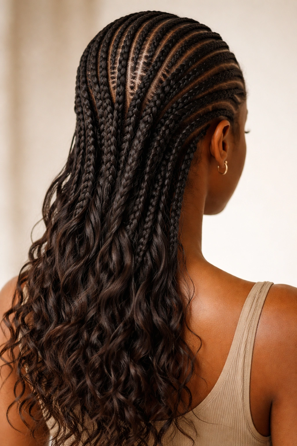 Waterfall cornrows cascading from crown down the head