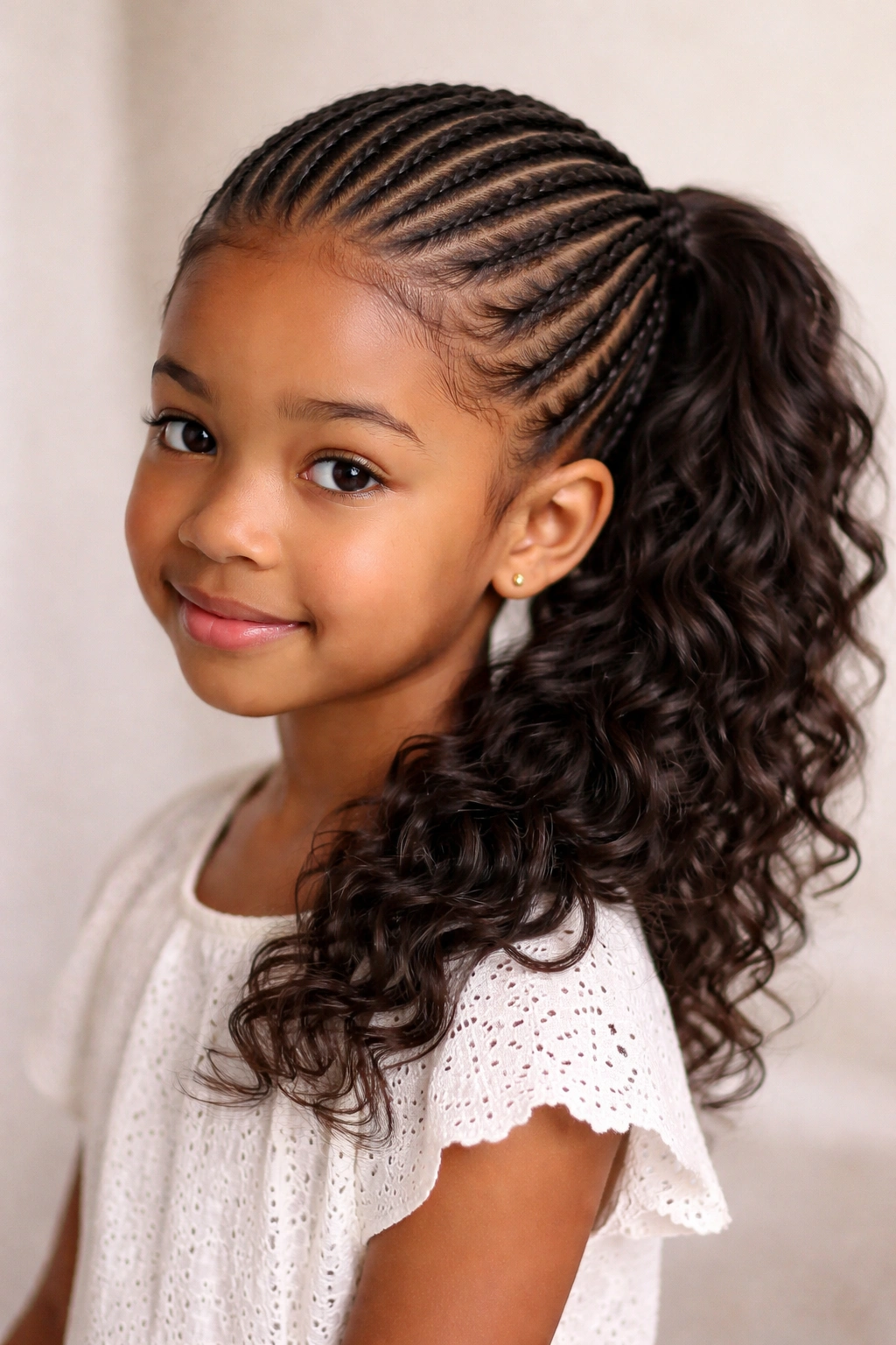Waterfall cornrows with a side ponytail on a child