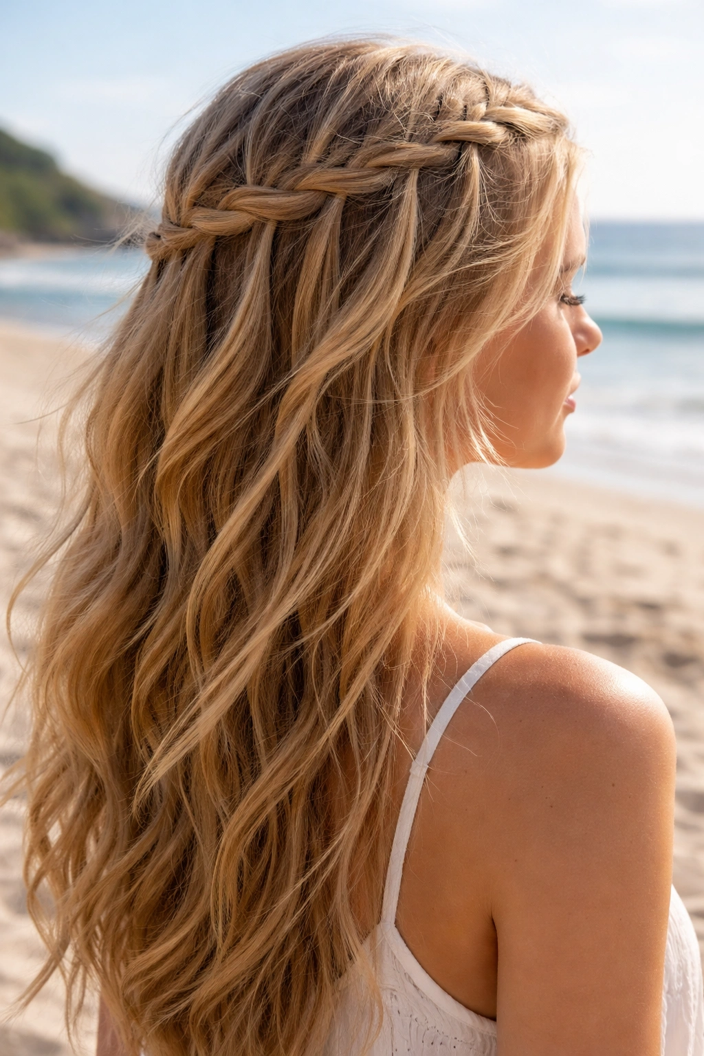 Side profile of head with a waterfall French braid and cascading strands