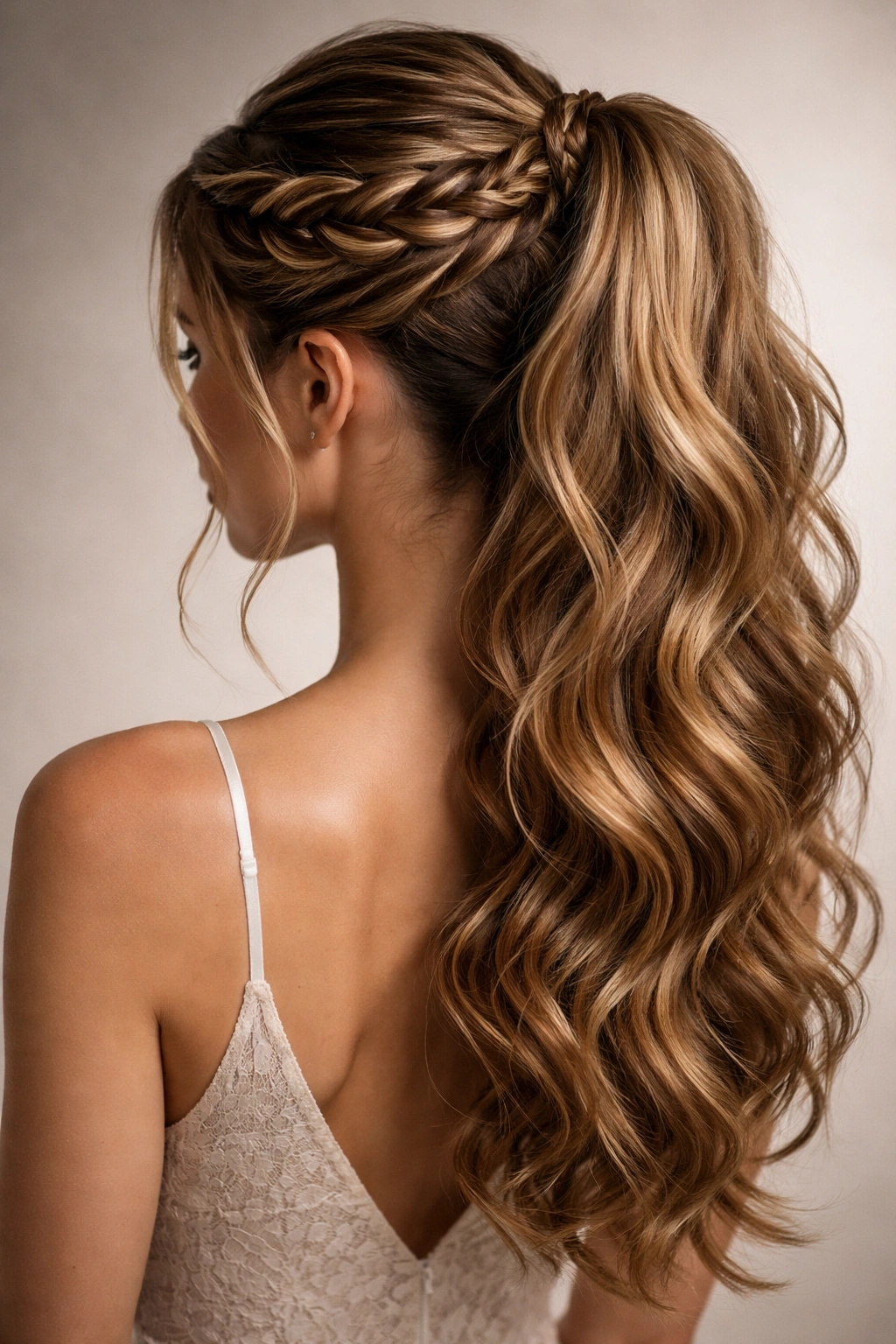 Waterfall braid cascading into a ponytail with flowing strands