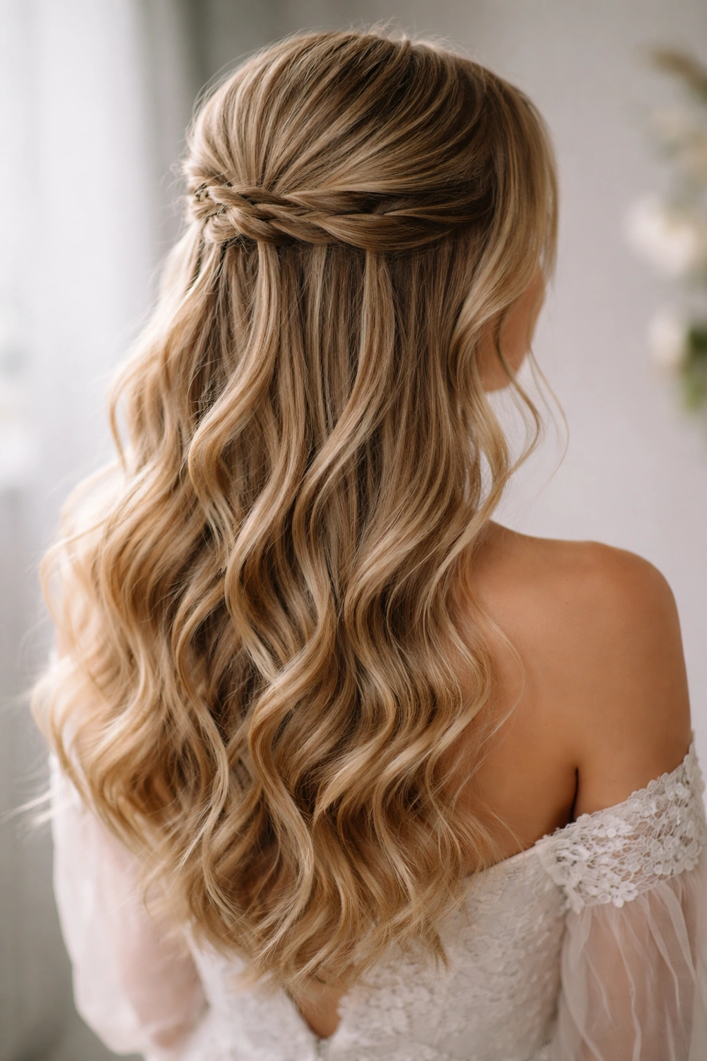 Waterfall half-up hairstyle with cascading strands over a loose wave