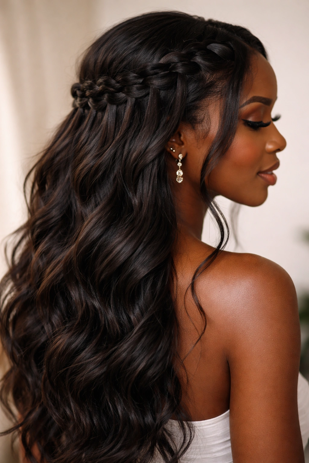 Romantic waterfall half-up hairstyle with cascading strands