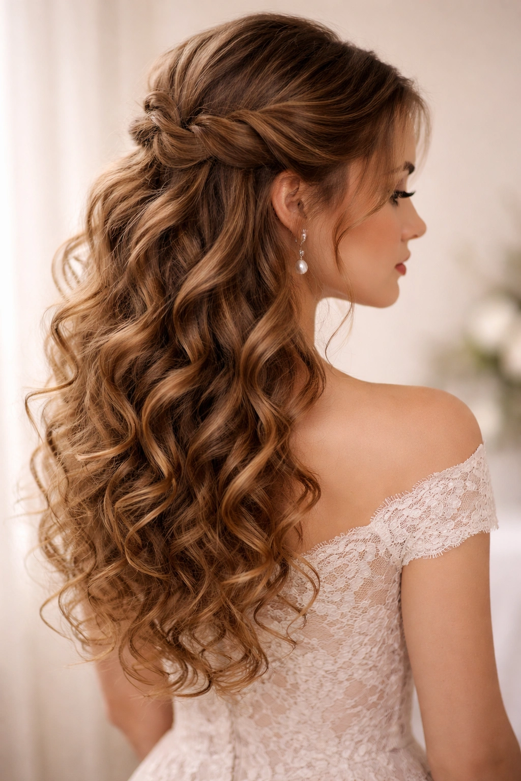 Portrait of curly hair waterfall half-up style