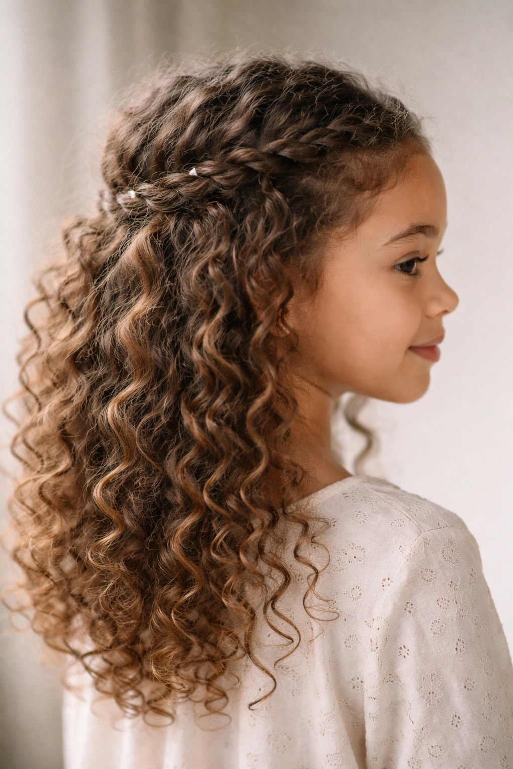 Side view of a curly hairstyle with a loose waterfall-inspired half-up and cascading curls.