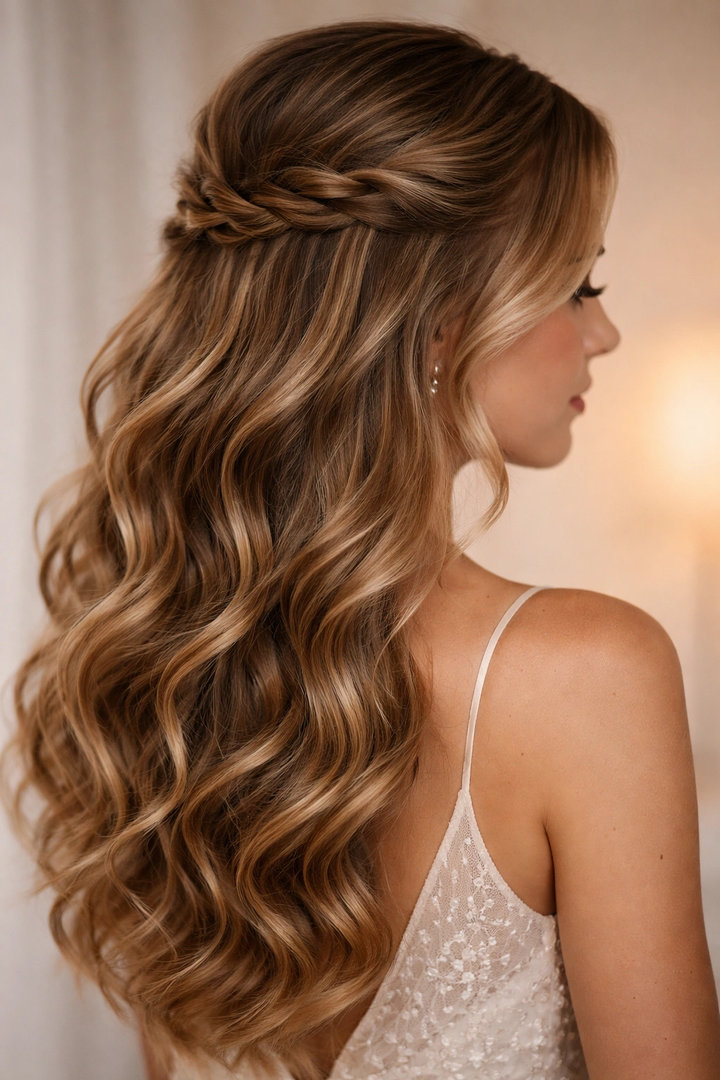 Close-up of waterfall cascade half up hairstyle with side part and cascading loose strands.