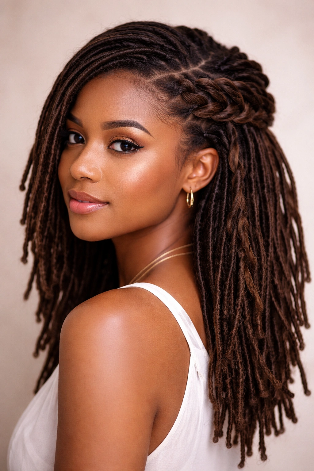 Close-up of a side-swept waterfall half-up locs hairstyle on a model